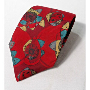 Vtg Montagu Mens Silk Neck Tie Abstract Shapes Red Geometric USA Art Deco